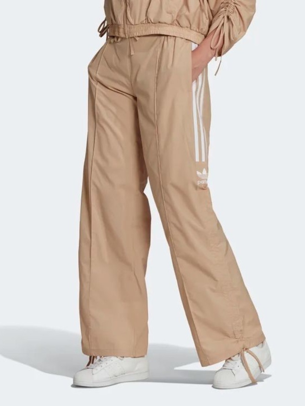 adidas Beige Wide Leg Sweatpants with White Three Stripes